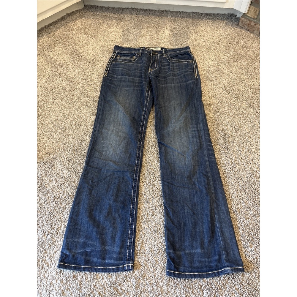 BKE Carter Jeans Mens 31L Blue Distressed Contrast Stitch Embroidered Pockets